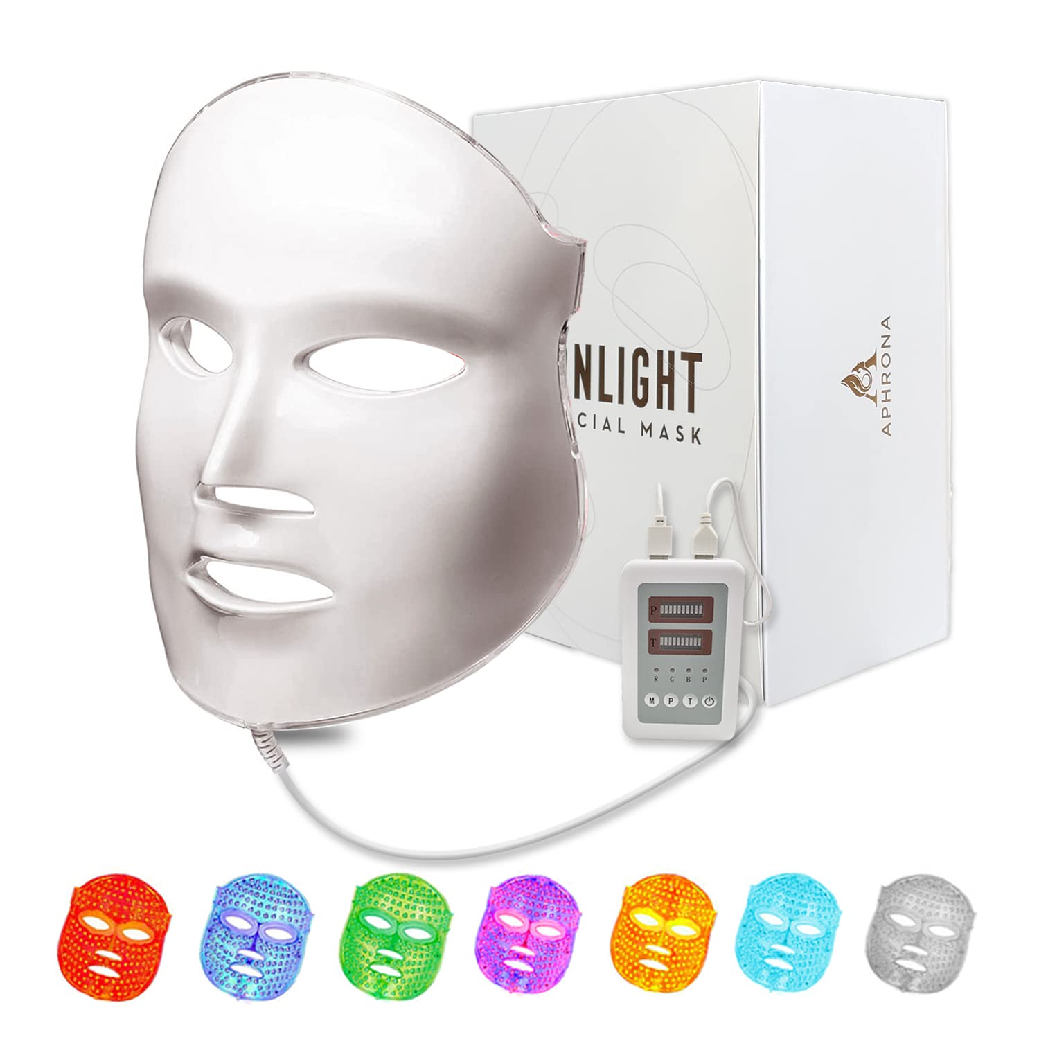 Aphrona Fda Cleared LED Facial Mask Moonlight Pro 7 Color Treatment Photon Mask, Red Light Blue Light For Acne Removal Wrinkle Reduction, LED Light Therapy For Face, 450 Powerful LED Chips (White)