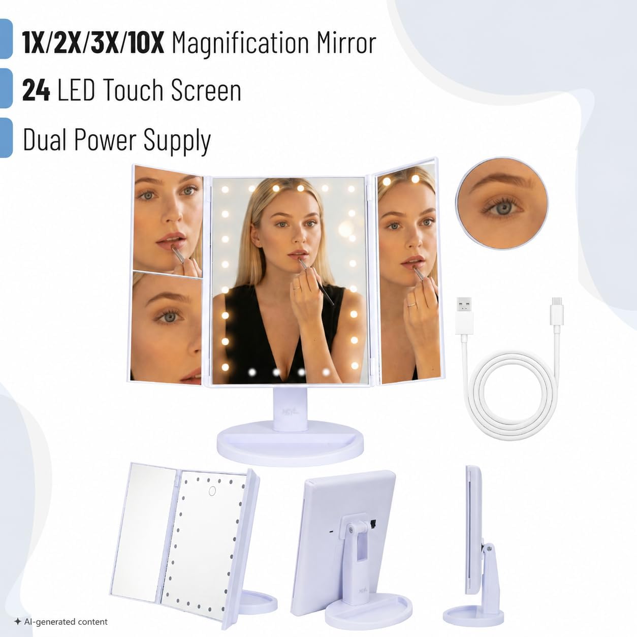 Helps readers understand portability, foldability, and how much space it may take on a vanity or desk.