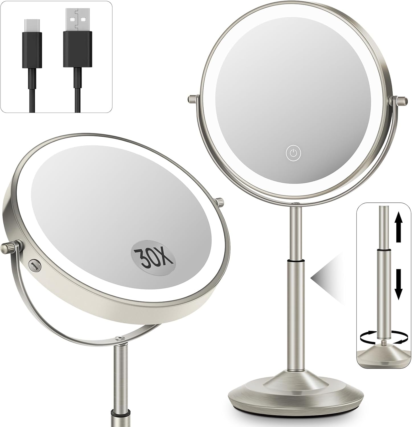 8" Lighted Makeup Mirror With Light, 30X Magnifying Height Adjustable Mirror | 3000Mah Rechargeable Battery Vanity Mirrors With 3 LED Lighting Dimmable For Desk Dresser Office Women Gift