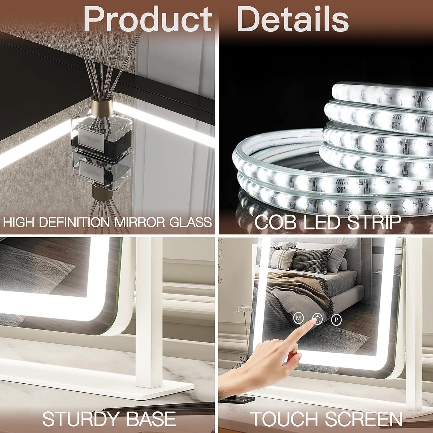 Size, silhouette, and how the mirror presents on a tabletop from different viewpoints.