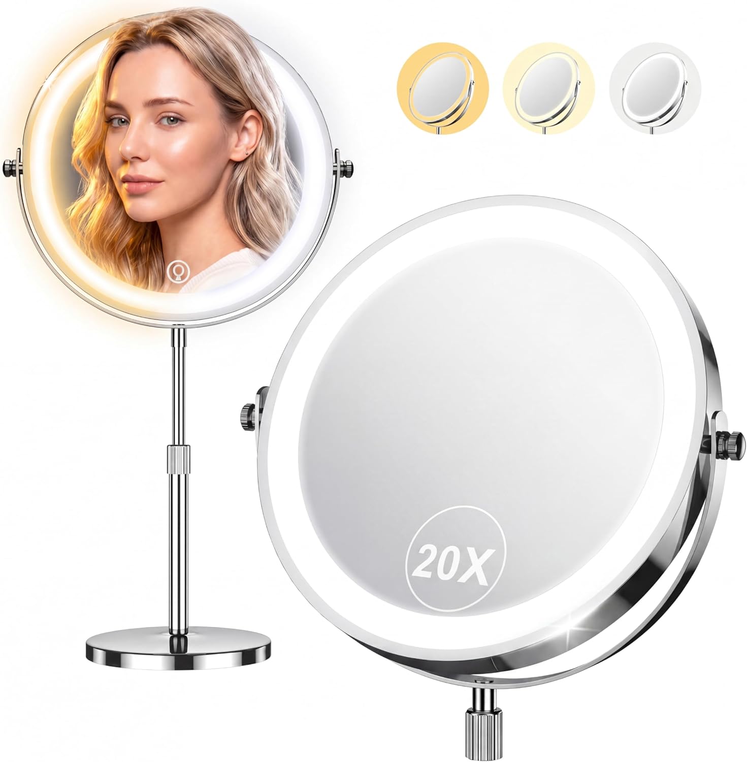 Overall design, silver finish, round shape, and the premium tabletop presentation.