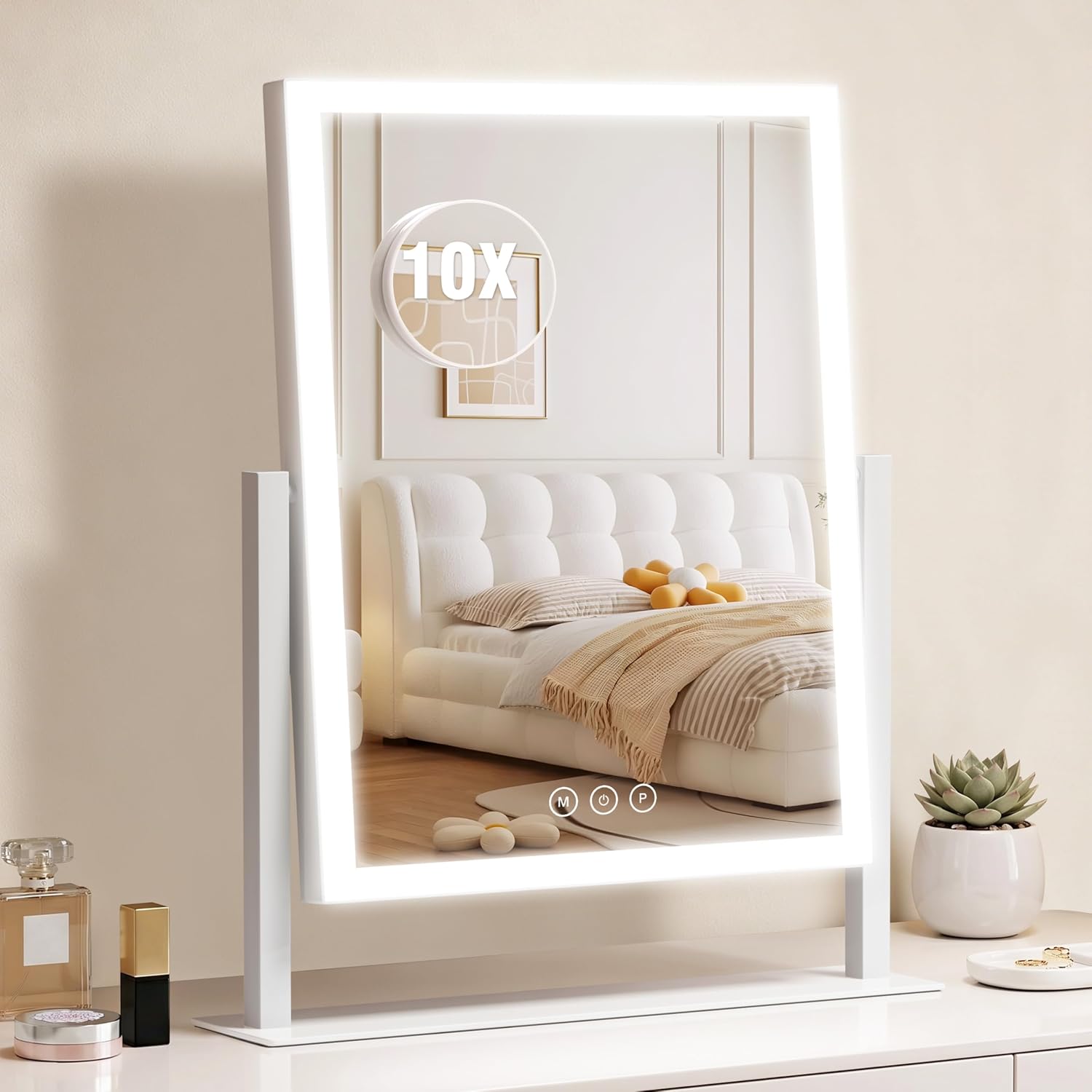 Acoolda Vanity Mirror With Lights,16.9"X 14" Lighted Makeup Mirror, Makeup Mirror With Lights,Three Color Lighting Modes, And 10X Magnification Mirror, Smart Touch Control, 360°Rotation White