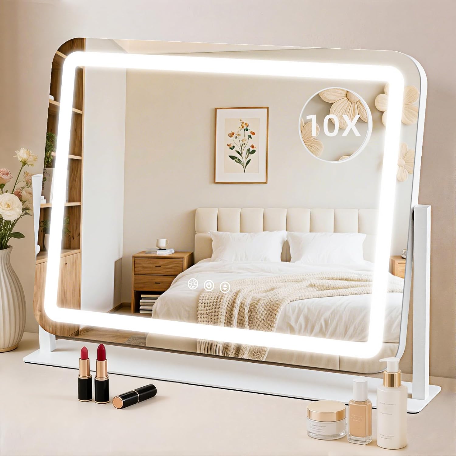 Overall design, size, white colorway, and the fact that it is a lighted tabletop vanity mirror.