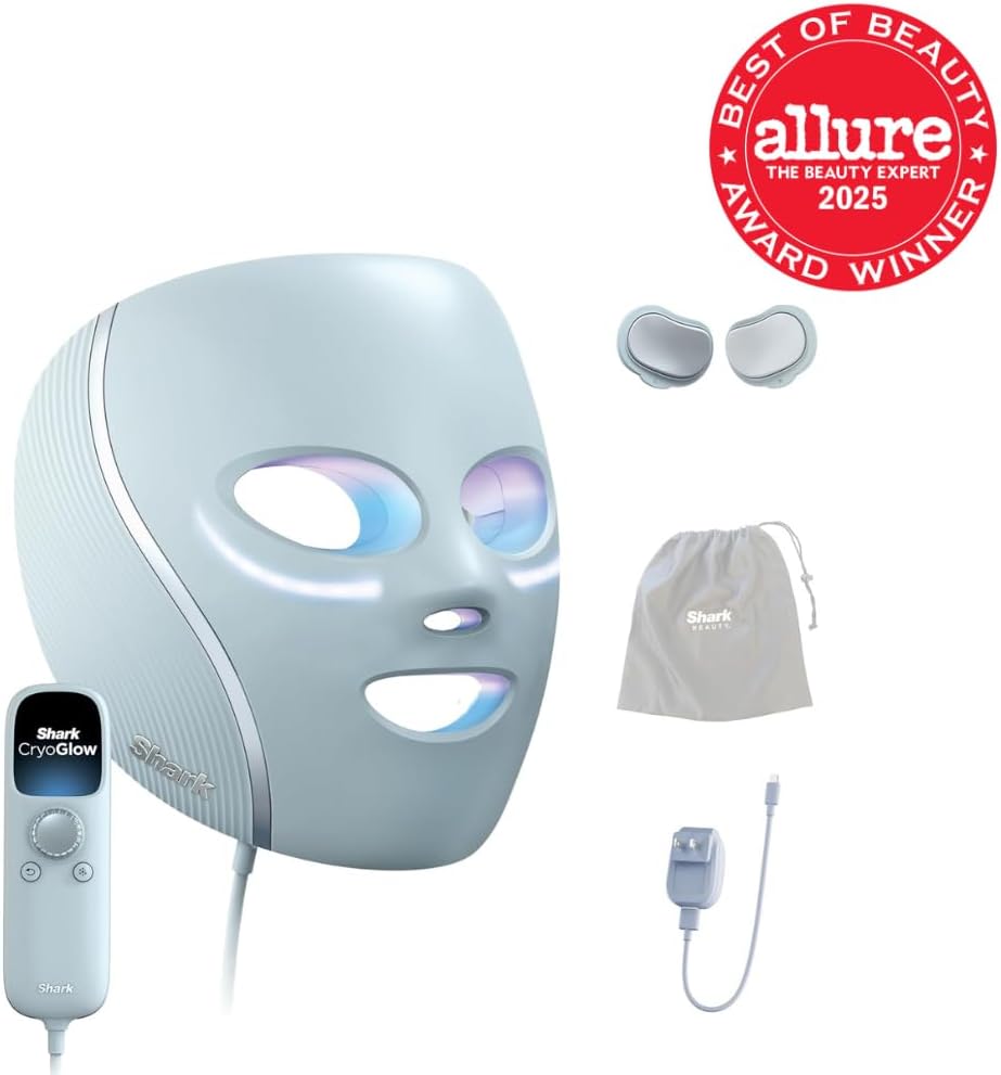 Shark Cryoglow LED Face Mask With Under-Eye Cooling, Anti-Ageing & Blemish Repair, Red & Blue LED, Infrared Light Therapy, USB-C, Remote Control, Storage Bag, Blue Frost, Fw312