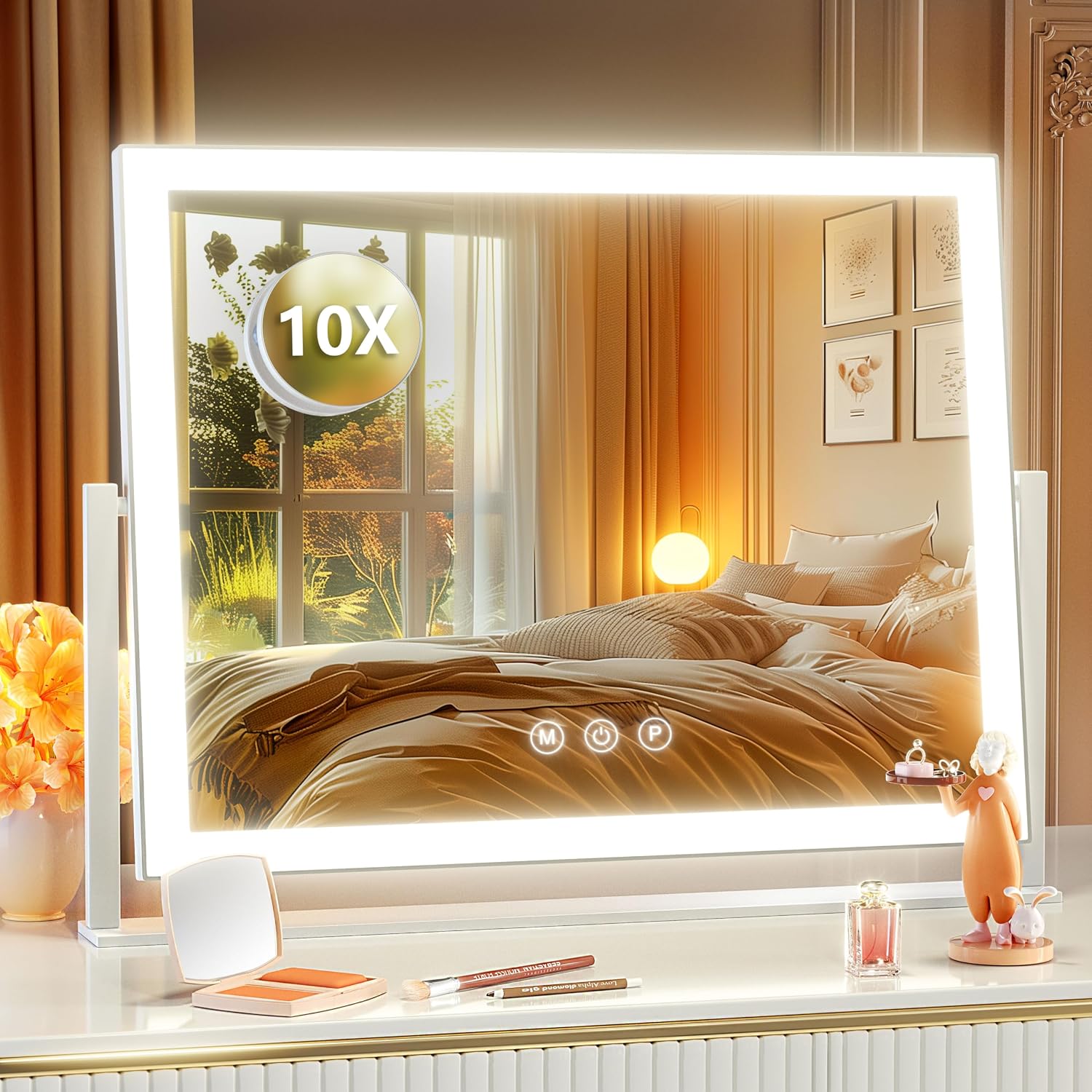 Overall design, size, white finish, and the illuminated Hollywood-style look.