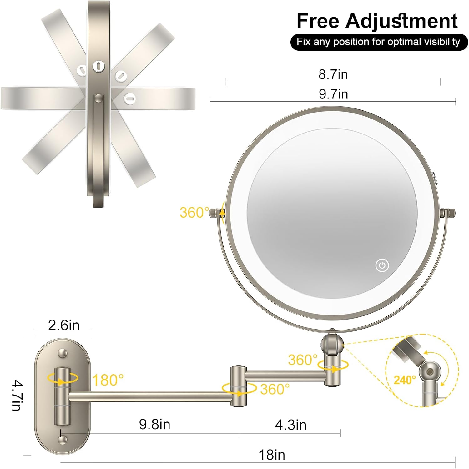 Imikona 9" Wall Mounted Lighted Makeup Mirror,4000Mah Rechargeable Double Sided 1X/10X Magnifying Mirror With Light,3 Color Lights,Touch Dimmable,Extended Arm 360 Rotation Wall Mounted Makeup Mirror