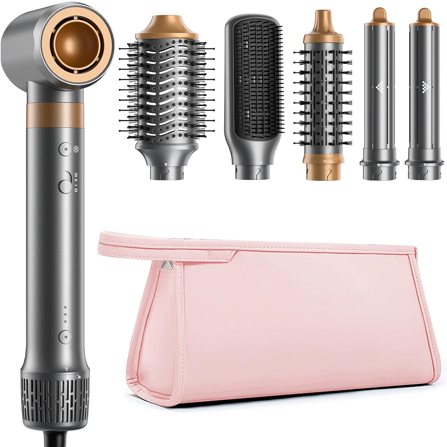 Highlights the full kit presentation and reinforces that this is a multi-attachment styling system rather than a single brush.