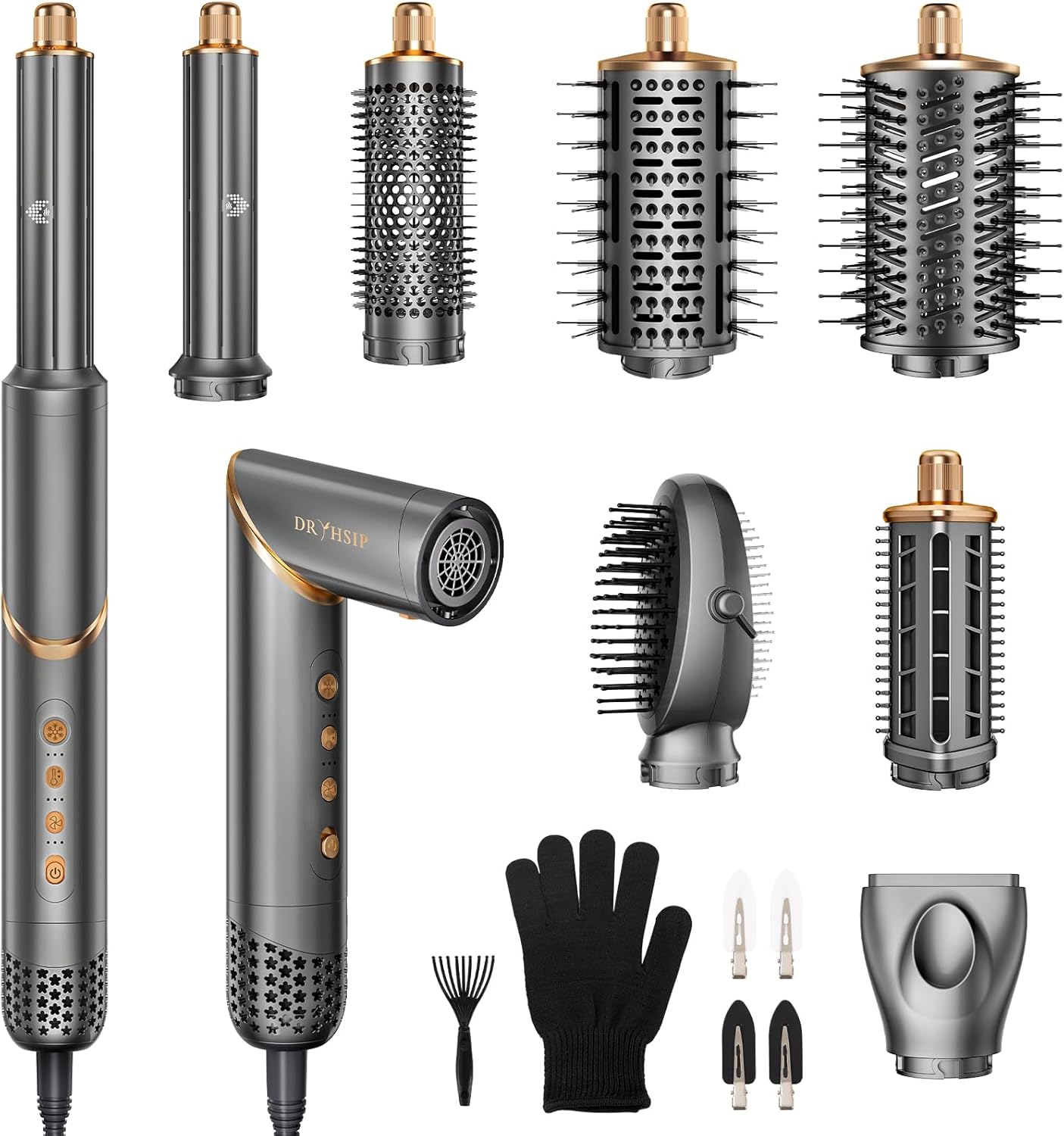 Highlights the all-in-one concept and the variety of attachments included in the kit.