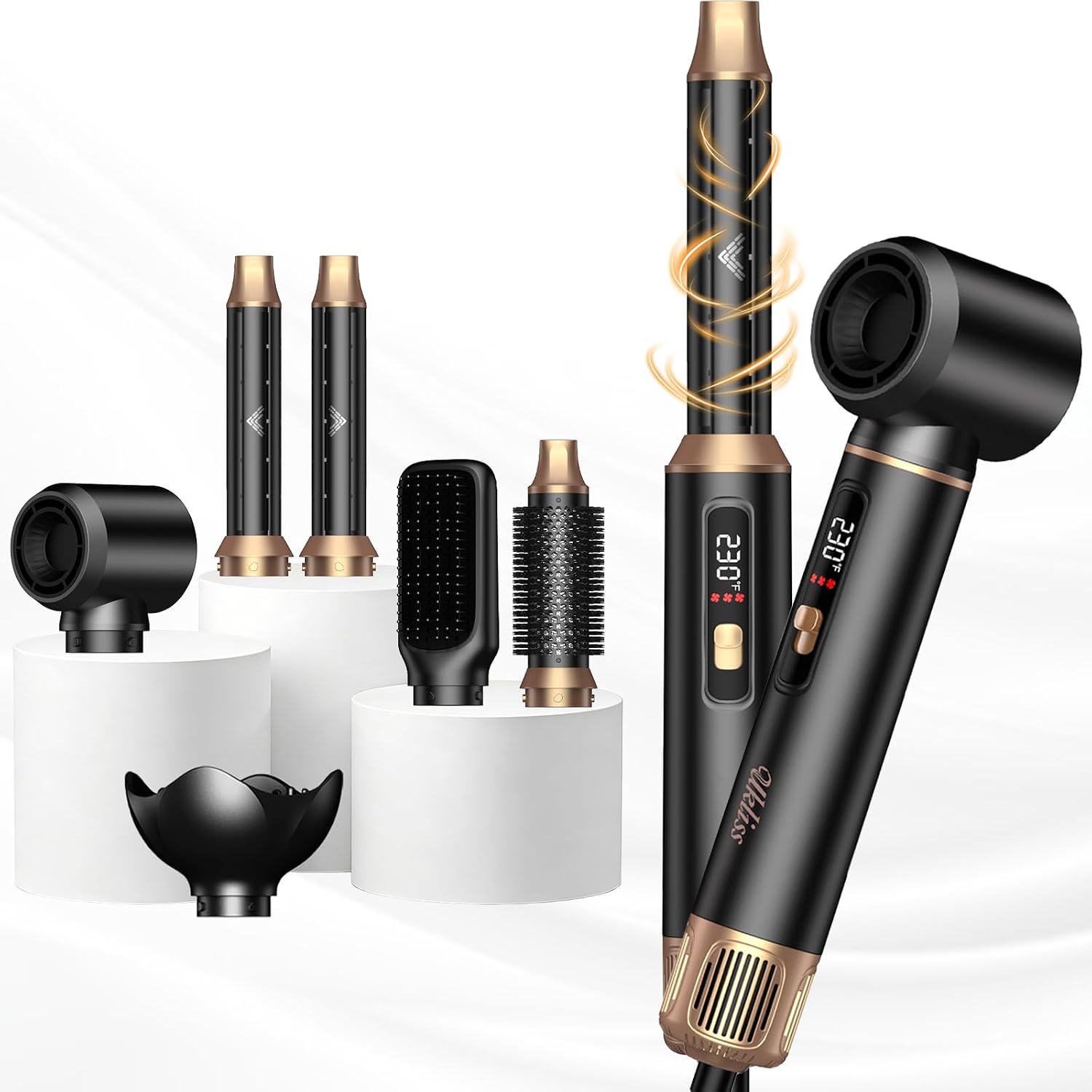 Highlights the full multi-styler system and helps shoppers understand the all-in-one format immediately.