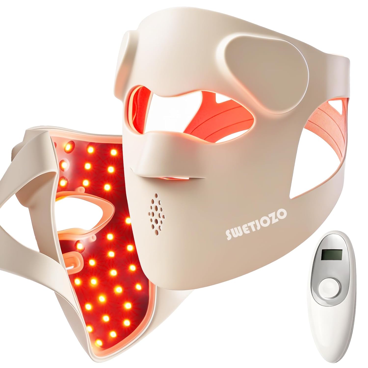 Highlights the product design, full-face coverage, and the transparent LED construction that supports the main value proposition.