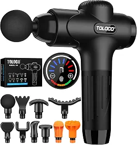 Toloco Massage Gun Deep Tissue, Percussion Massage Gun With 10 Replacement Heads, Super Quiet Portable Electric Massager For Athletes, Relax, Fathers Day Dad Gifts, Black