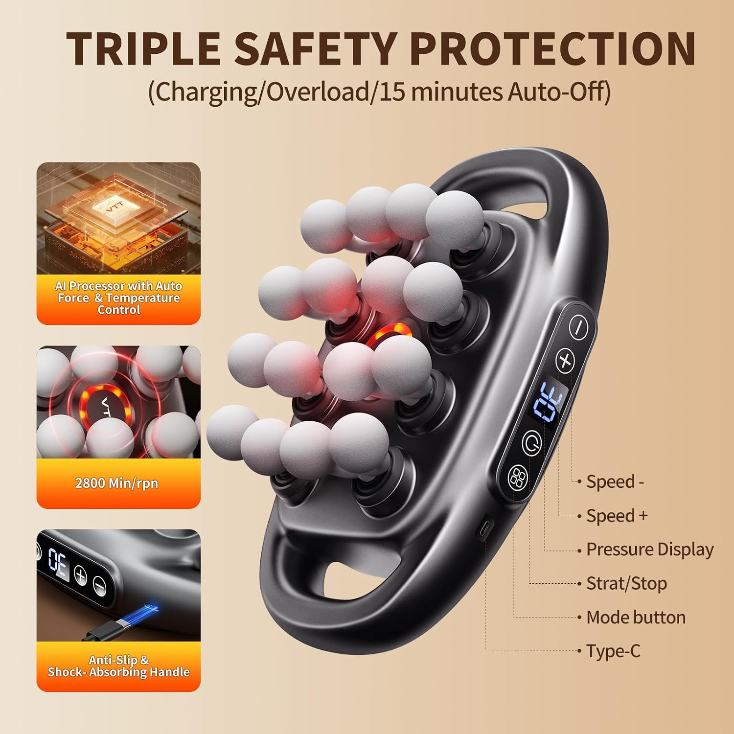 Speed/mode controls and the product’s customization claims.