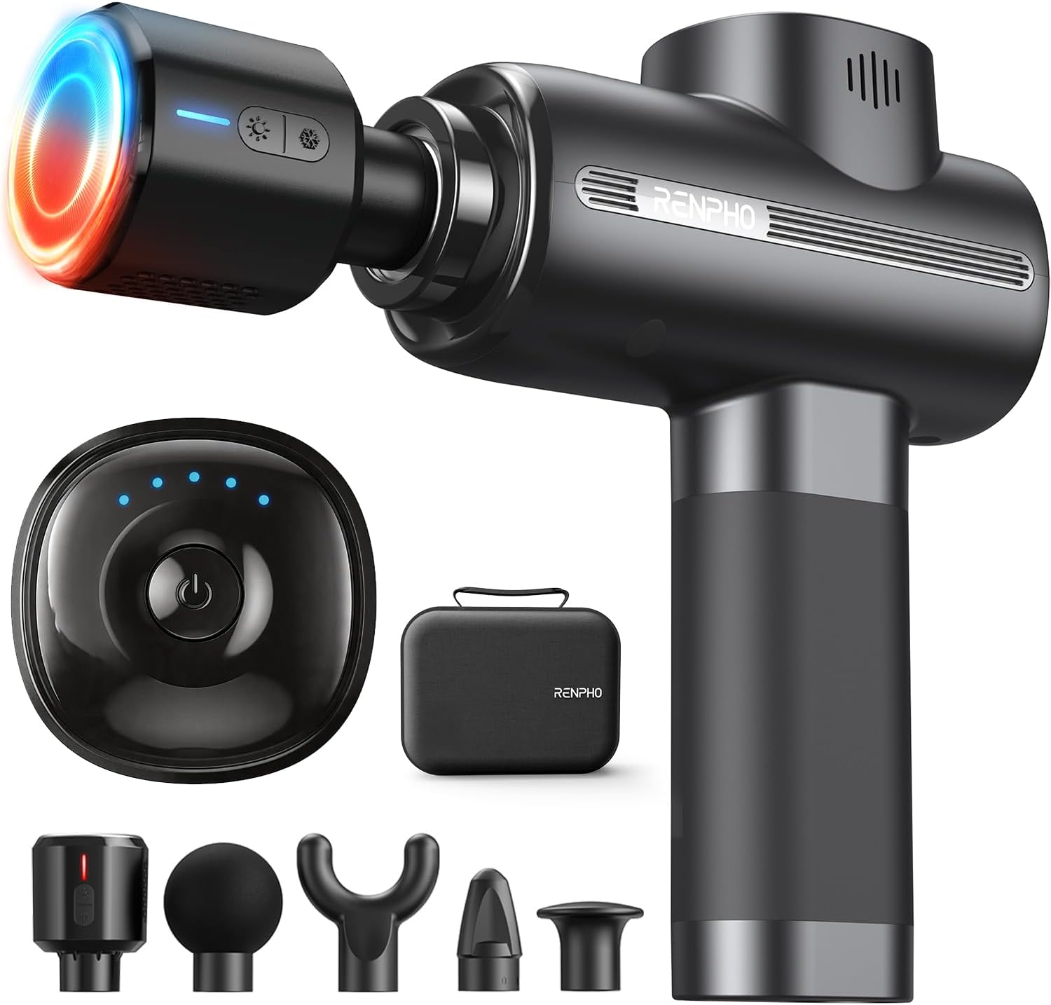 Highlights the overall design, portability, and premium positioning of the massage gun.