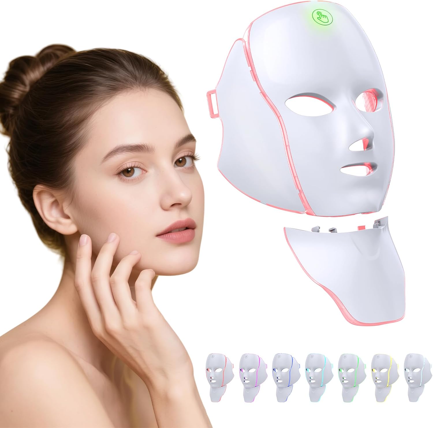 Shows the overall form factor, LED layout, and the fact that this is a face-and-neck light therapy set.