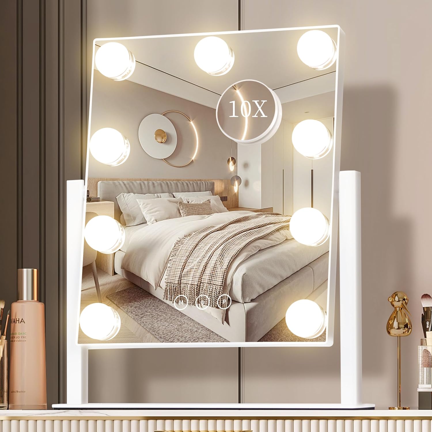 Vanity Mirror With Lights, Makeup Mirror With Lights, 3 Color Lighting Modes Detachable 10X Magnification Mirror Touch Control, 360°Rotation, White.