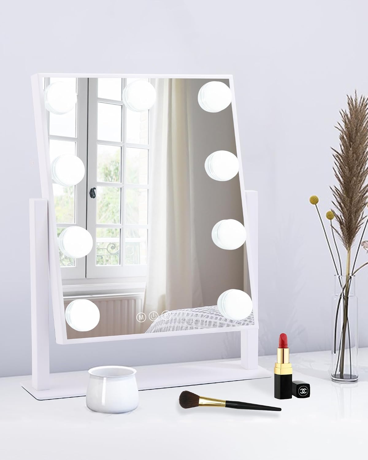 Bwllni Lighted Makeup Mirror, White Vanity Mirror With Lights, 9 LED Bulbs | Hollywood Mirror Touch Control Design 3 Colors Dimable LED Bulbs, Detachable 10X Magnification, 360°Rotation, 12" L X 14" W