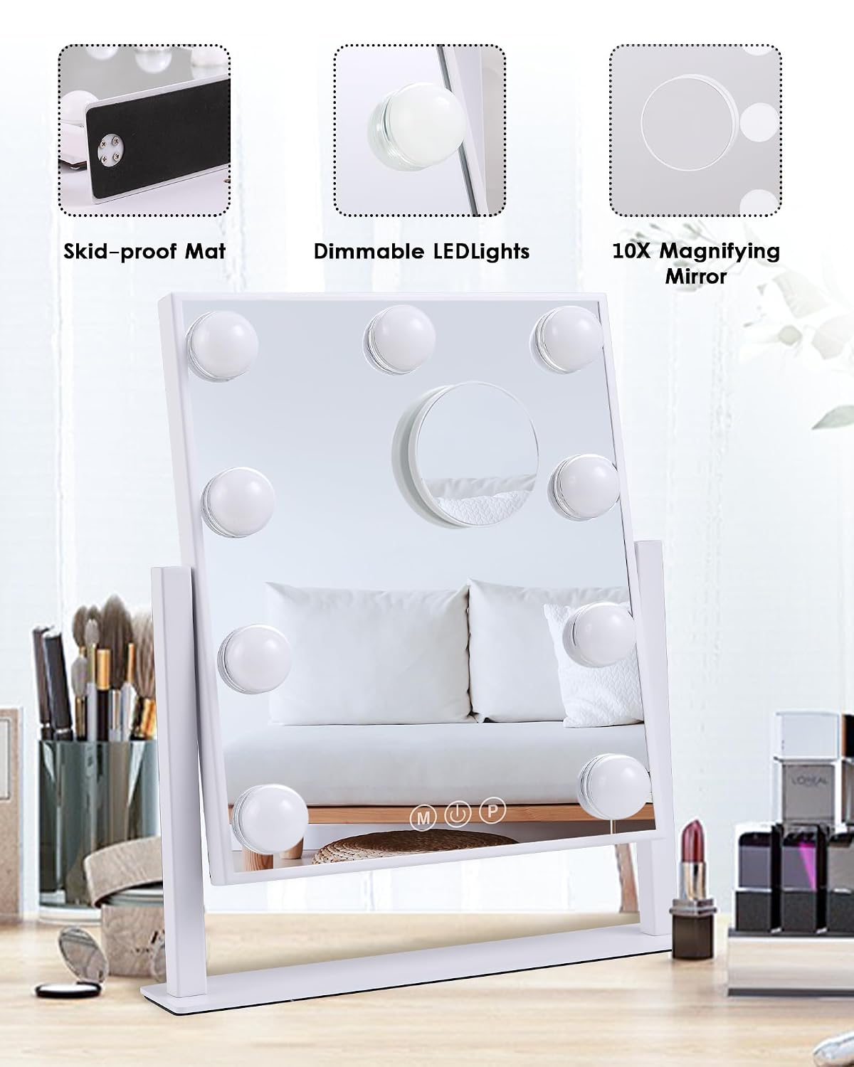 Supports discussion of touch operation, dimming, and close-up grooming tasks like brows or eyeliner.