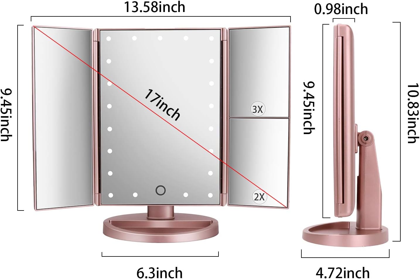 Shows the foldable structure, stability, and compact footprint for desktop or dresser use.