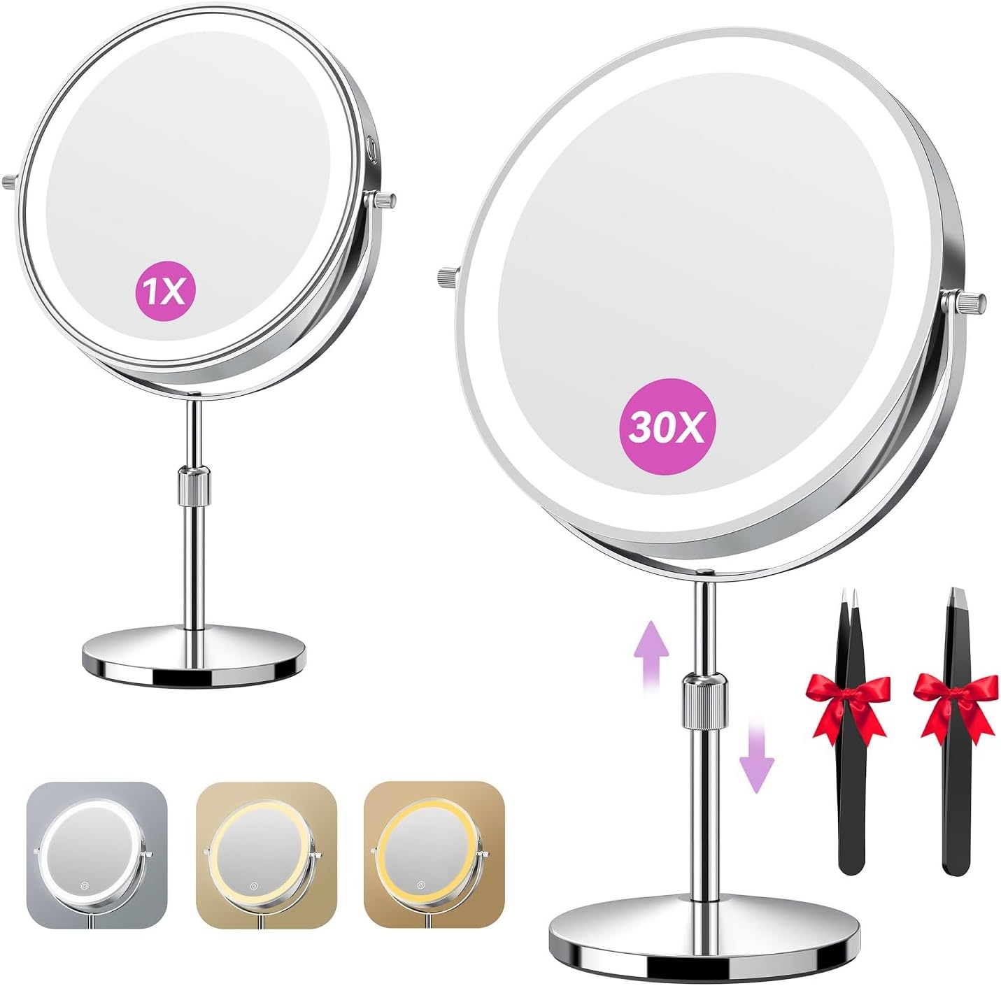 Auxmir 9" 5000Mah Magnifying Mirror, 1X/30X Lighted Makeup Mirror | Rechargeable Battery, 3 Dimmable Colors, 14.9‑18.5" Adjustable Height, 360° Rotation, Stable Base, 30X Magnification