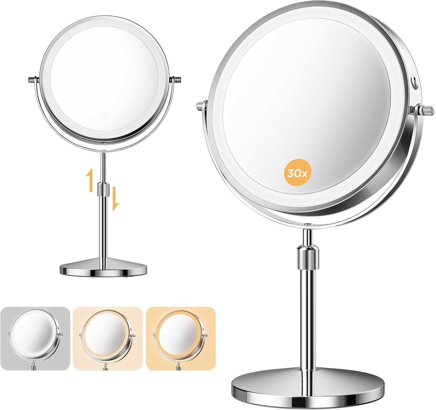 Overall product form, tabletop size, and the premium look of the lighted mirror.