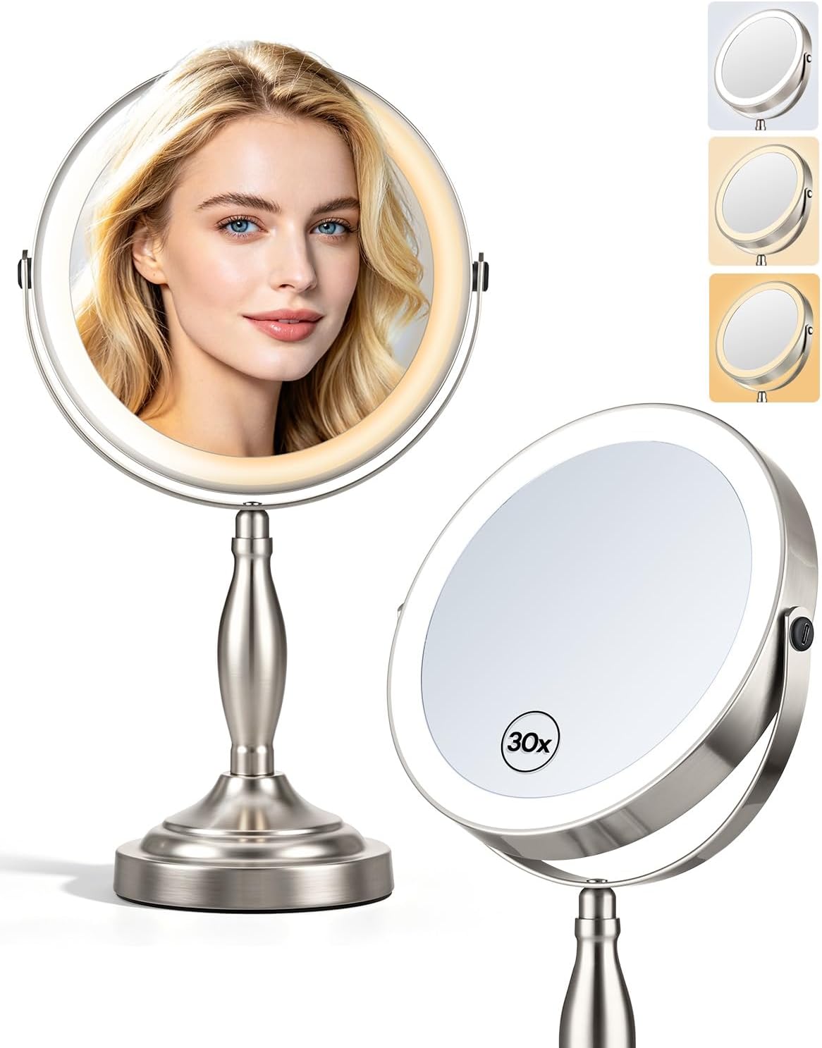 Makeup Mirror With Lights, 1X/30X Double Side Lighted Magnifying Mirror | 8'', 5000Mah Rechargeable Adjustable Brightness With 3 Colors, Side Touch & Side Charging With Adapter, Brushed Nickel