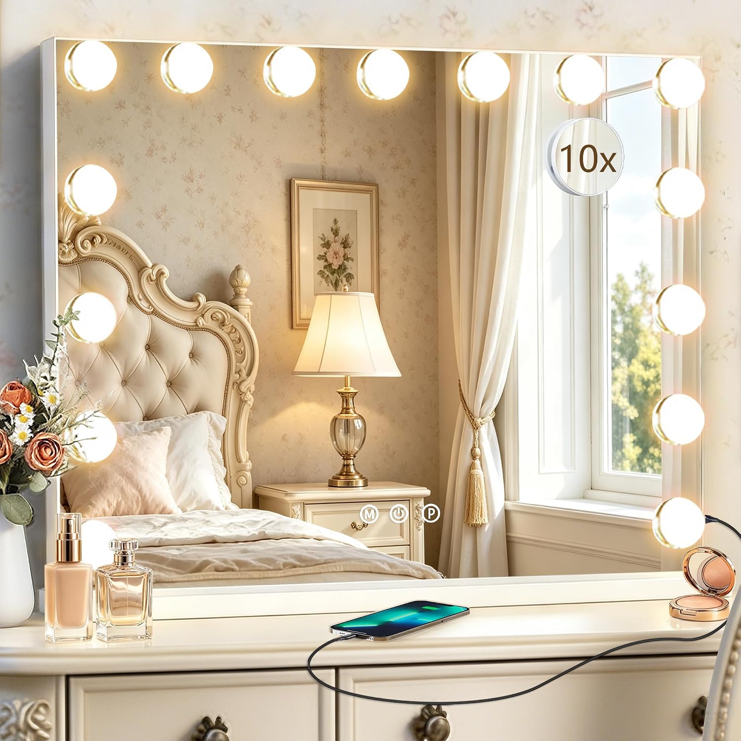Ratsamee Hollywood Vanity Mirror With Lights, 23" X 18", 15 Dimmable Bulbs, 3 Color Lights, Make Up Lighted Mirror, USB Charging Port, Gifts For Women Wife Teengirls White