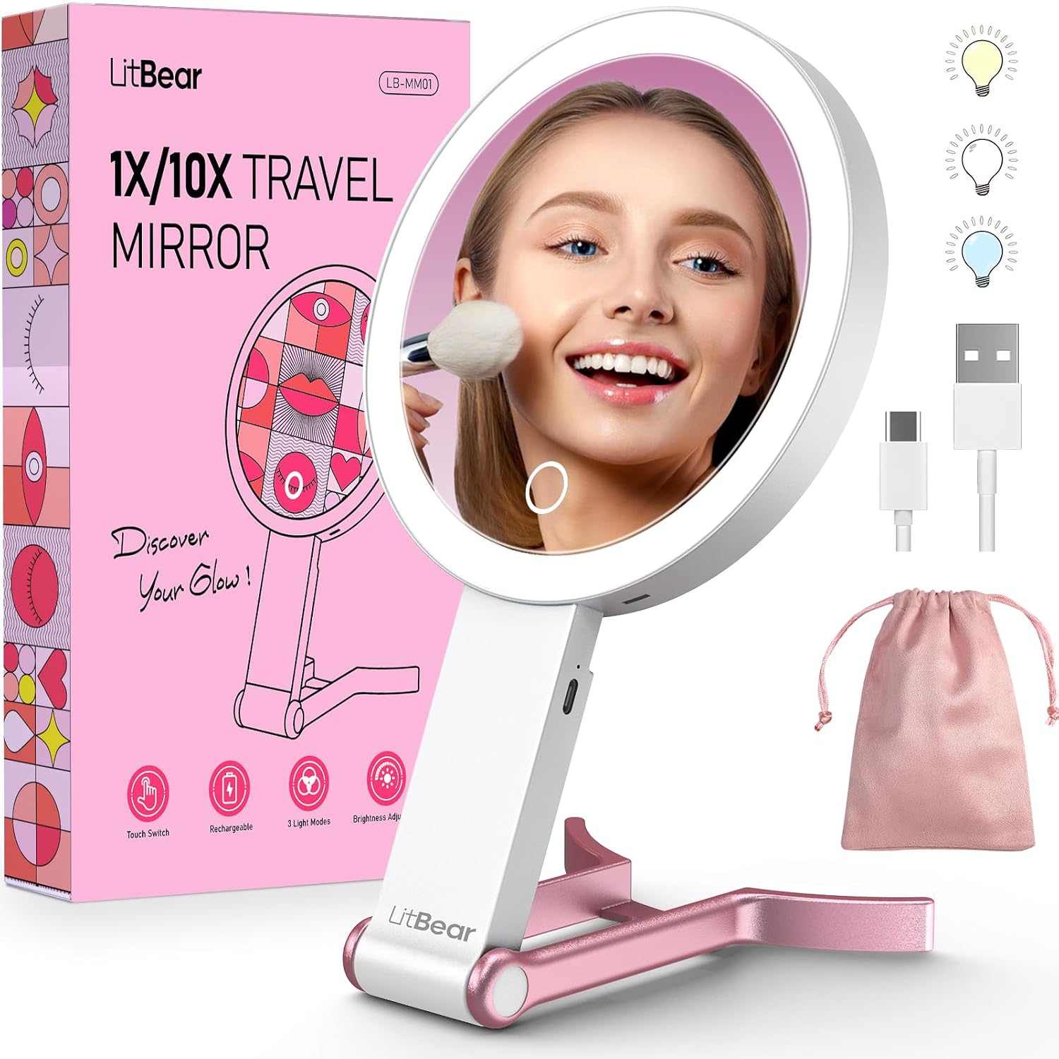Litbear Travel Makeup Mirror With Lights, Rechargeable Double-Sided 10X/1X Magnifying Mirror, Portable Lighted Beauty Mirror, 3 Color Lighting, Dimmable Touch Screen, Tabletop Handhold Hanging (White)