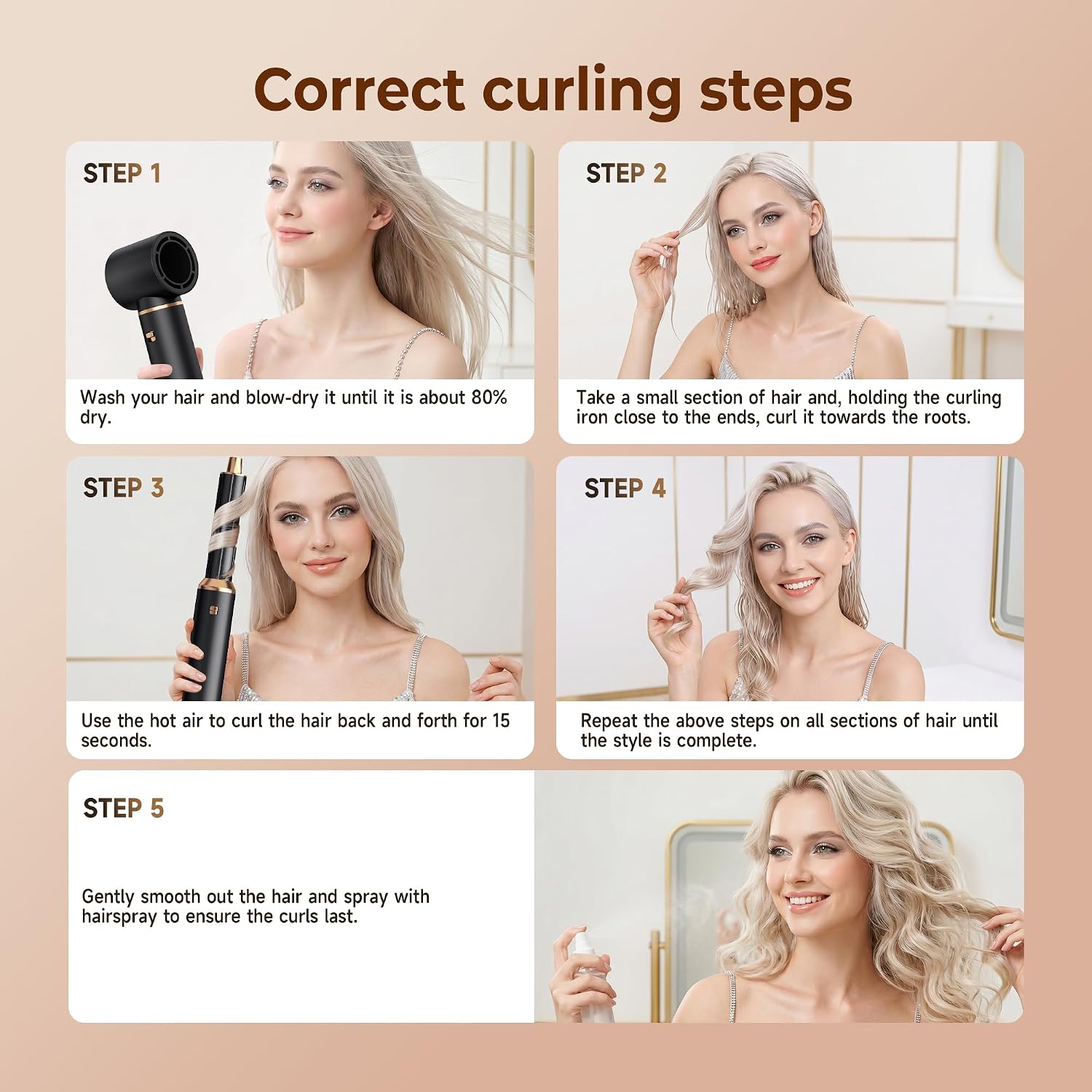 5 In 1 Blow Dryer Brush Set, Detachable Hot Air Styler & Hair Dryer Brush For Women, Blowout Brush With Auto Wrap Curling Iron, Smoothing Brush & Round Brush Volumizer For All Hair Types