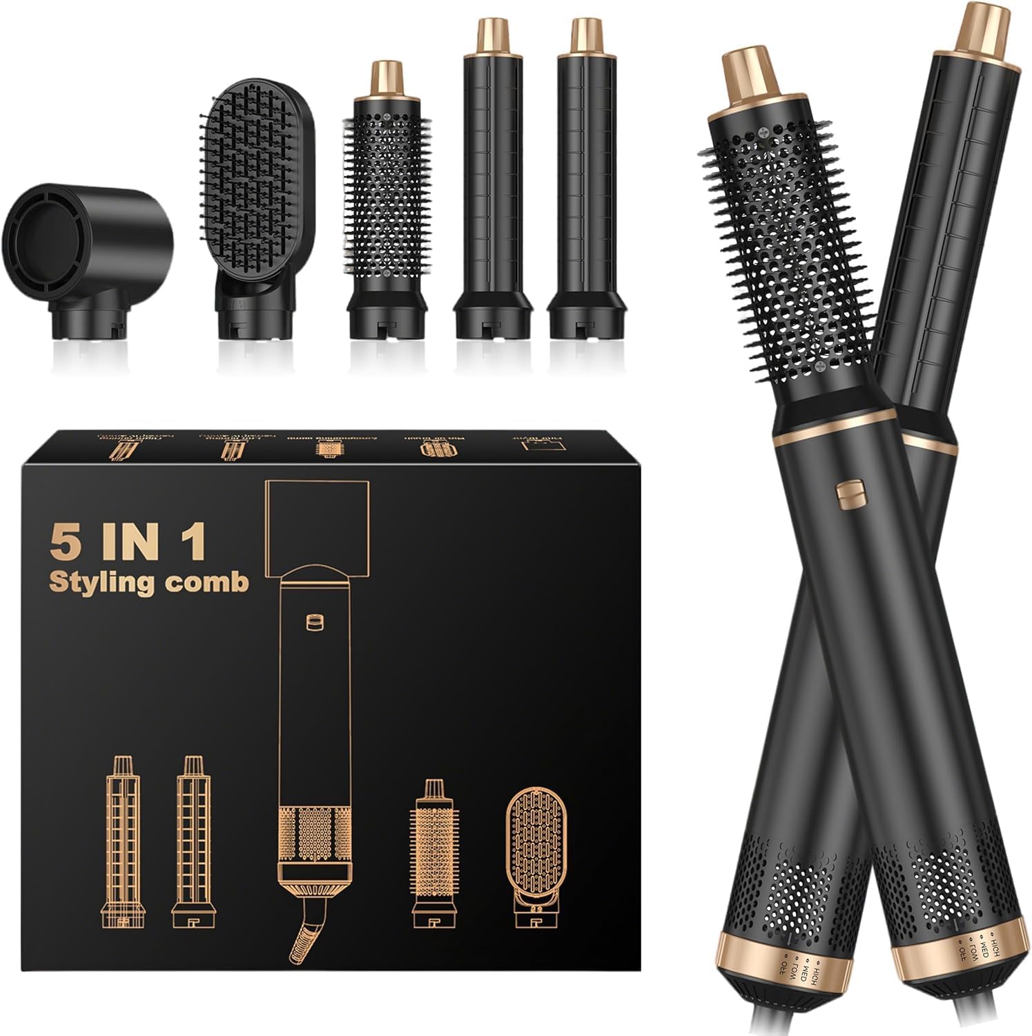 5 In 1 Multi Hair Styler Blow Dryer Brush Hair Dryer Hot Magic Air Styler Set Hair Brushes For Women, Hair Styling Appliances With Curl Straighten Wavy Smooth, All Hair Type/Length Black Gold