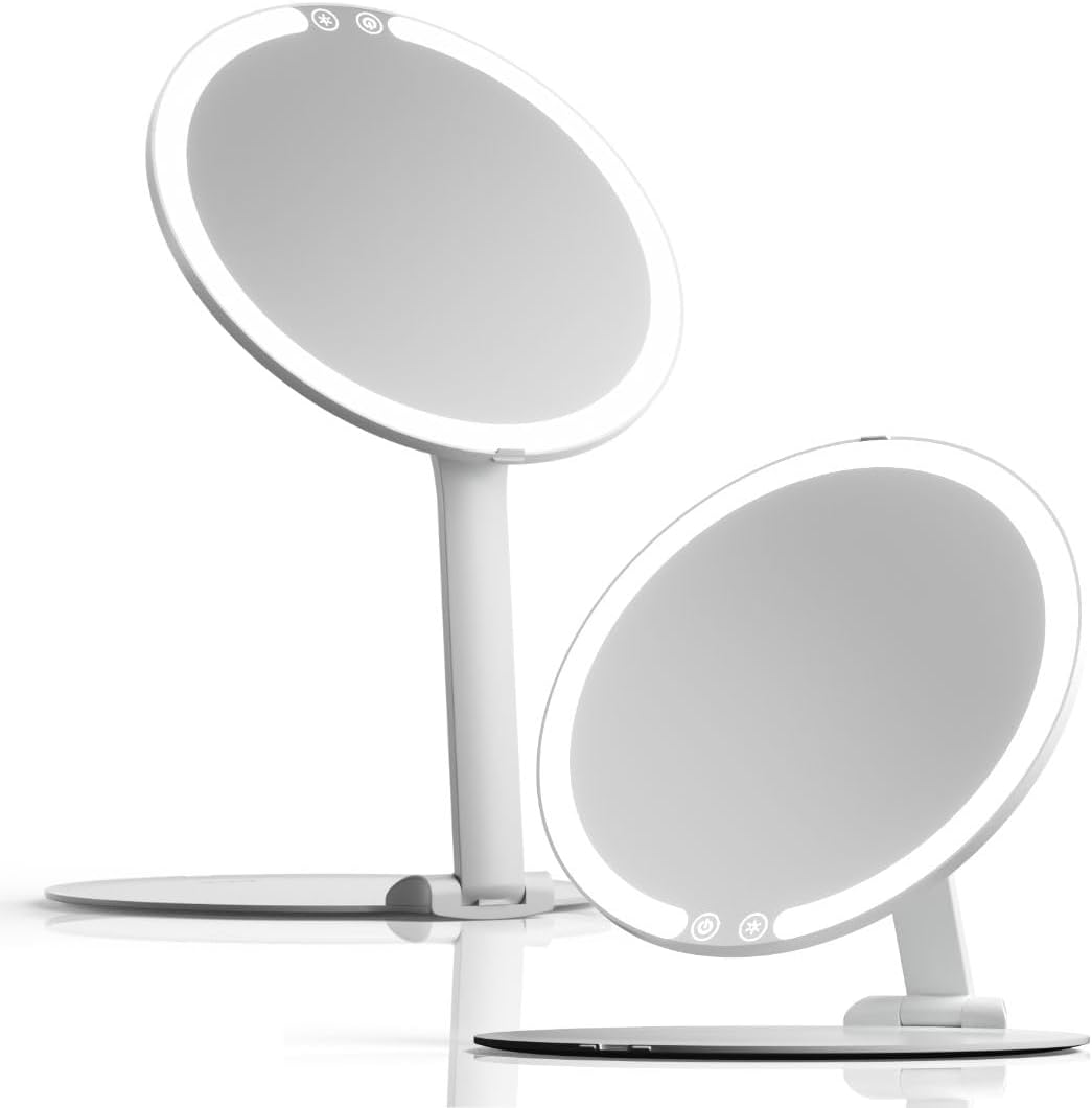 Fancii Abigail Rechargeable Travel Makeup Mirror With LED Light, 8" Foldable Stand, 3 Color Lighting Travel Mirror. Dimmable & Lightweight Portable Vanity Mirror, Beauty Travel Essential
