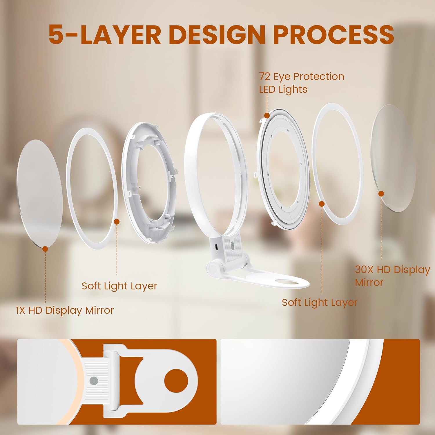 Makeup Mirror With Light, 1X/30X, 3 Colors, Rechargeable 2000Mah | Double-Sided Mirror With Adjustable Brightness For Vanity Tables, Bathrooms, Makeup, Skincare, And Grooming, Grey