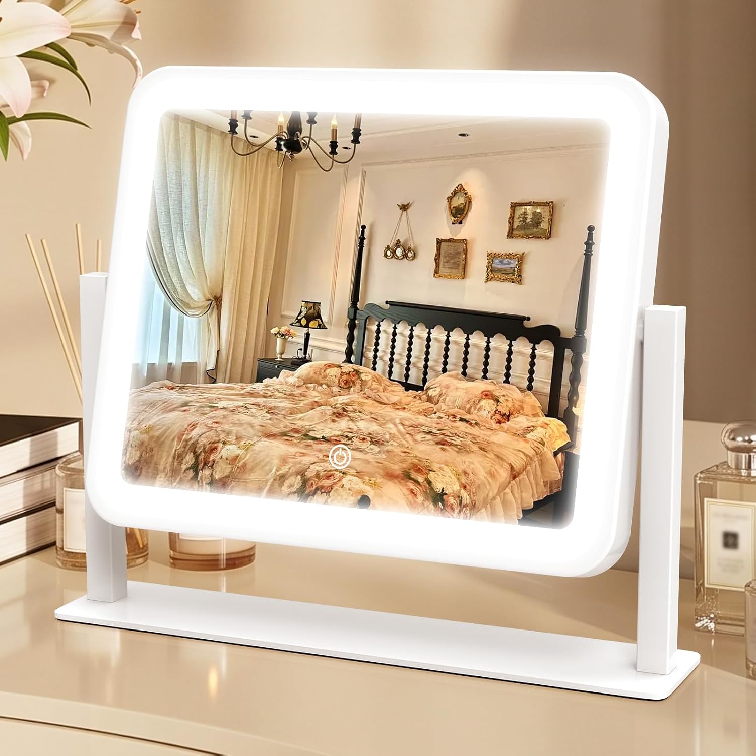 14"X12" Vanity Mirror With Lights, LED 3 Color Dimmable Makeup Mirror | Vanity Mirror, LED Makeup Mirror With Lights, Smart Touch Control, 360° Rotation, Lighted Desk Mirror, For Bedroom