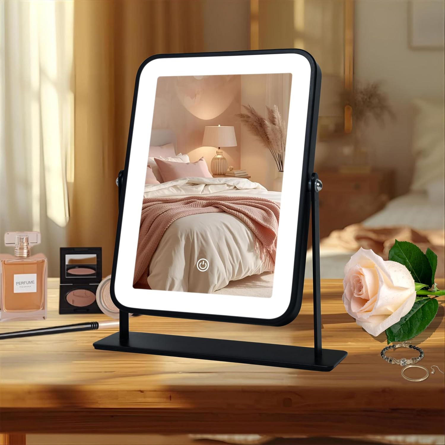 11"X9" Rechargeable Desktop Makeup Mirror With LED Lights, Adjustable Brightness Lighted Vanity Mirror, Tabletop Mirror For Bedroom, Gifts For Women With 3-Color Smart Touch Dimmable Lighting