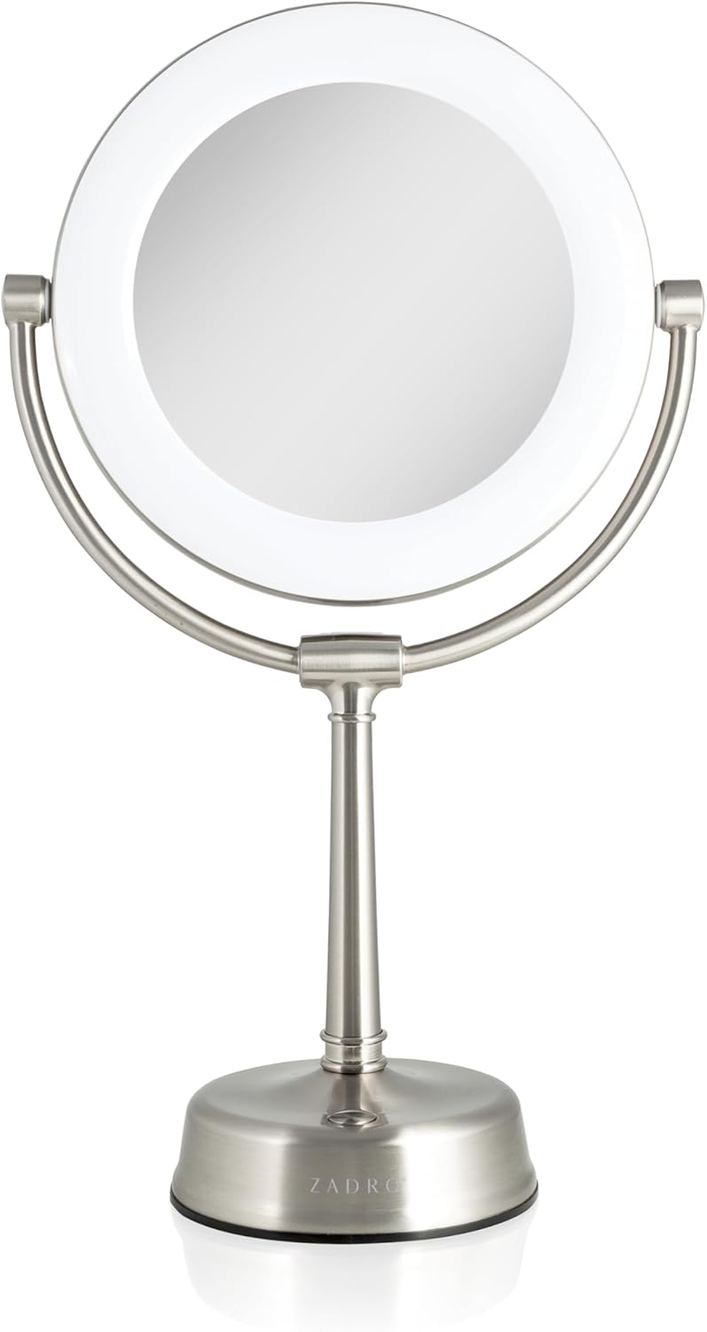 Zadro Lexington LED Lighted Makeup Mirror With Magnification Two-Sided Swivel Mirror With Lights For Makeup Desk Vanity (10X/1X, 12" W X 20" H, 10" Head, 7.5" Mirror, Satin Nickel)