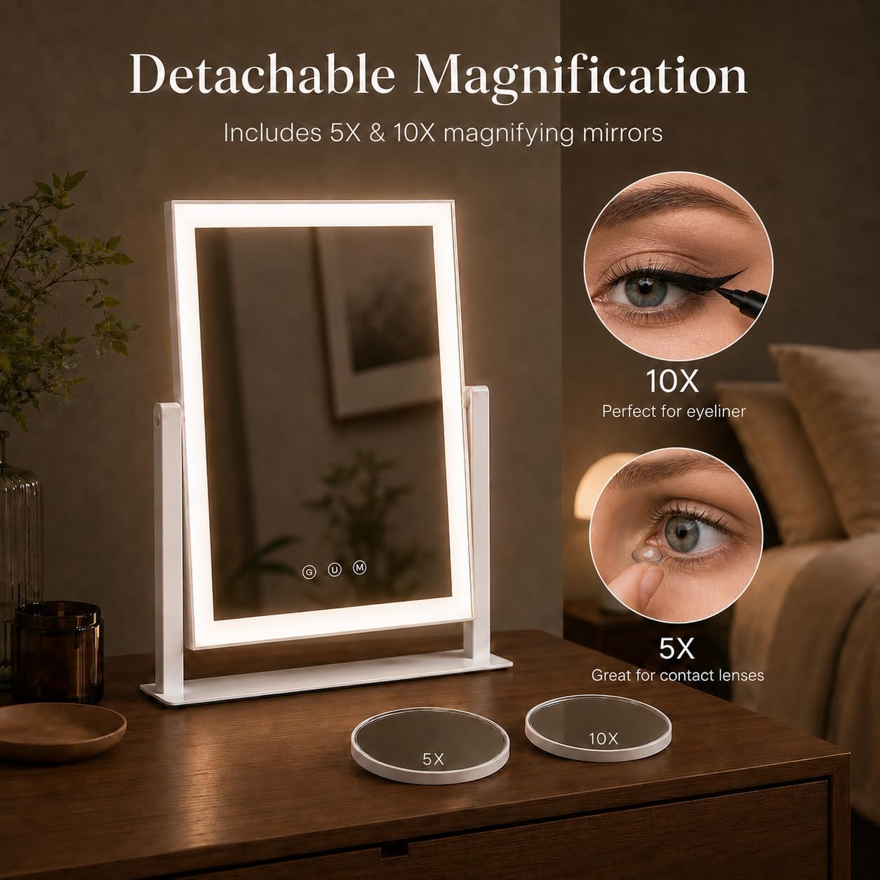Core selling points such as adjustable lighting, magnification, or rotation, depending on the graphic emphasis.