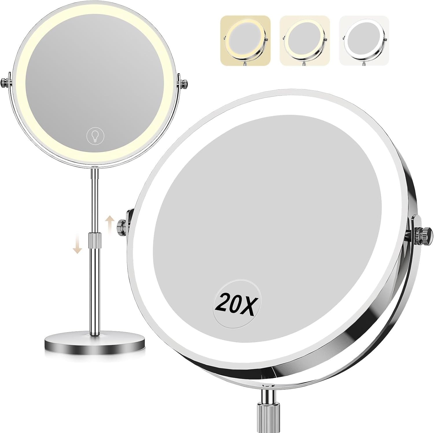 Highlights the overall design, chrome finish, round shape, and lighted mirror concept at a glance.