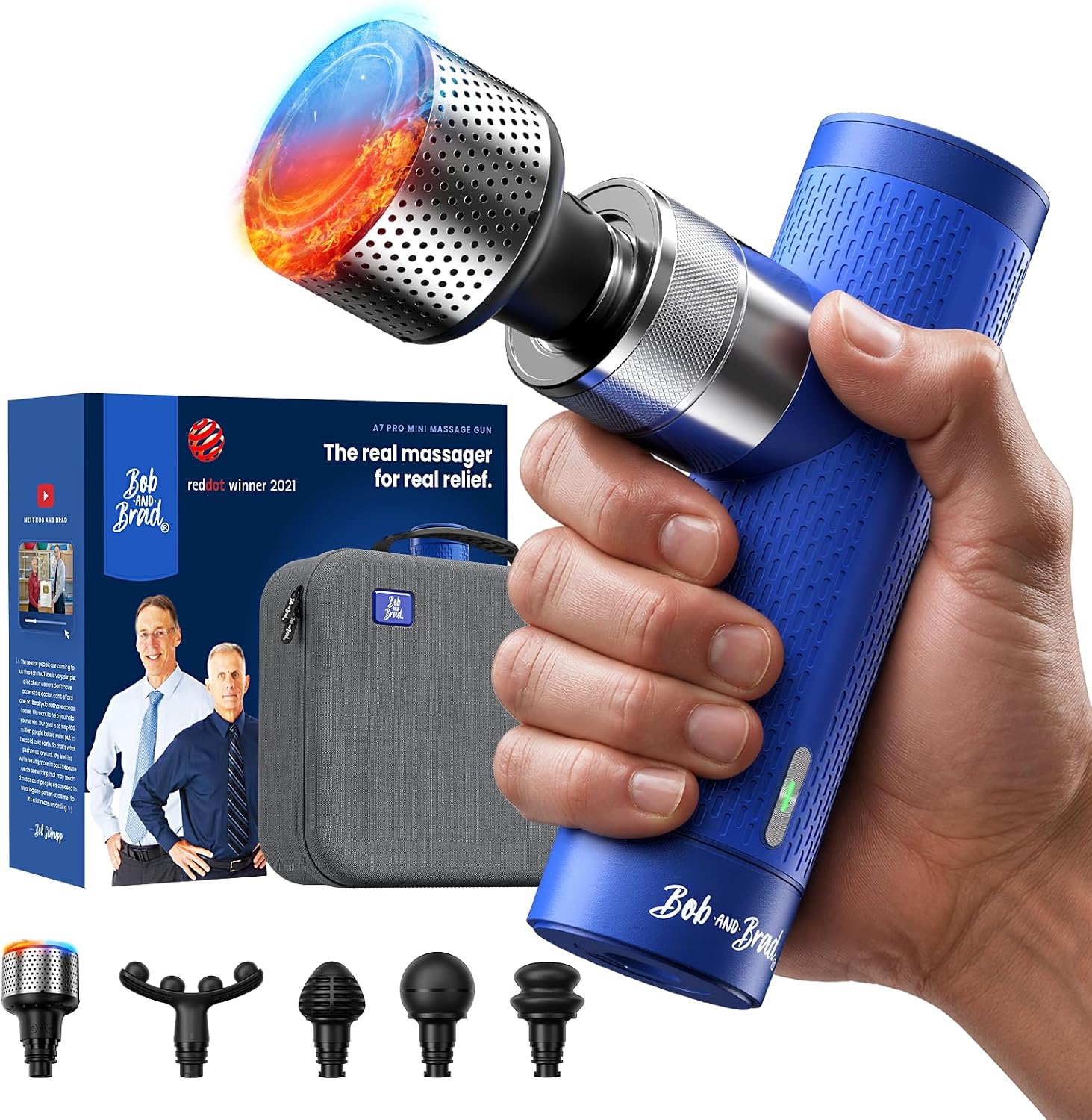 Shows the full package and the premium positioning of the massage gun as a complete recovery system, not just a single handheld device.