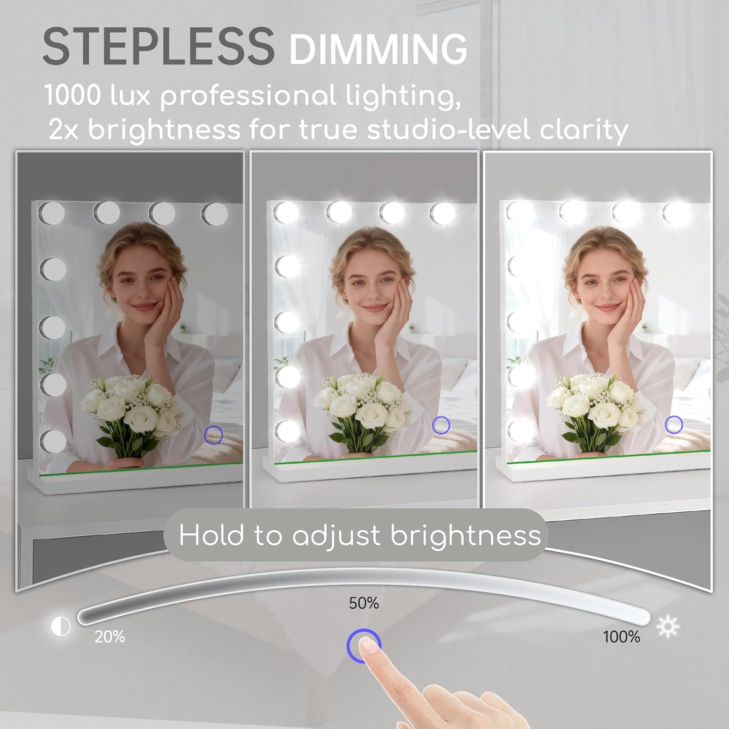 Stepless dimming, 3 light modes, and bulb layout for makeup visibility.
