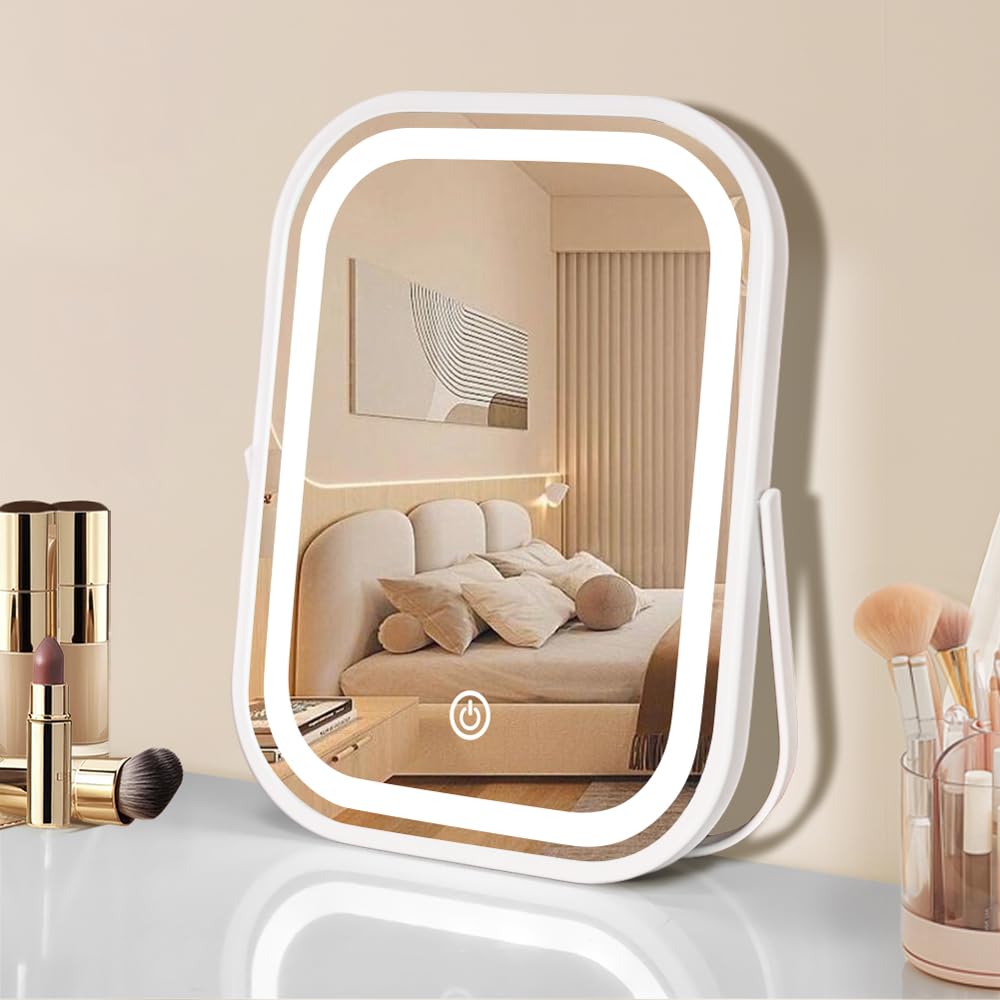 Yekkopt Travel Makeup Mirror With Lights, Portable Small Beauty LED Vanity Mirror With Lights, 1200Mah Battery, Dimmable Touch Screen, Tabletop Folding Compact Mirror,Women Gift
