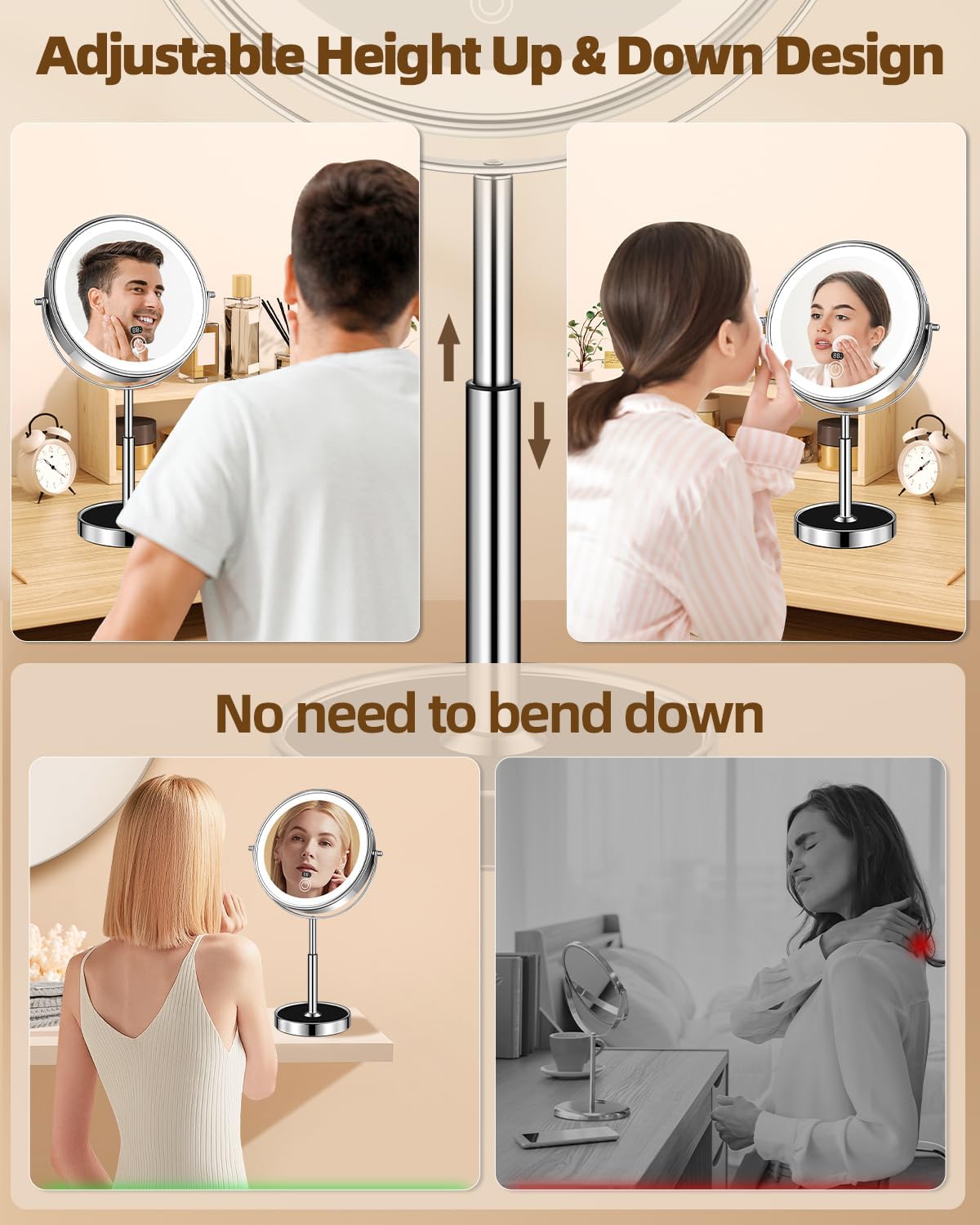 9" Lighted Makeup Mirror With Light,30X Magnifying Height Adjustable Mirror | 5000Mah Rechargeable Battery With Level Display Vanity Mirrors With 3 LED Lighting Dimmable For Desk Women Gift
