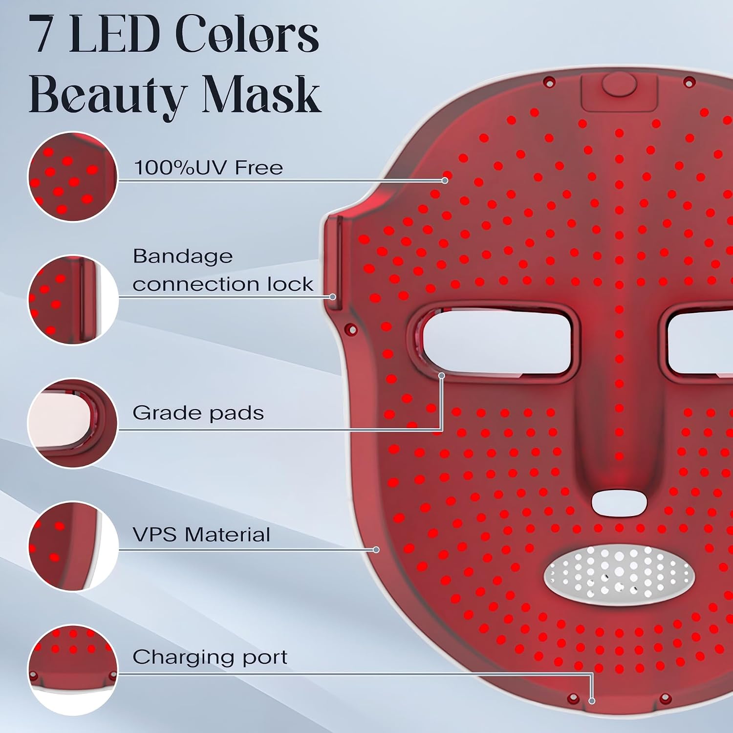 Sdkwdh Wireless 7-Color LED Facial Mask, 630+850Nm At-Home Spa Beauty Tools