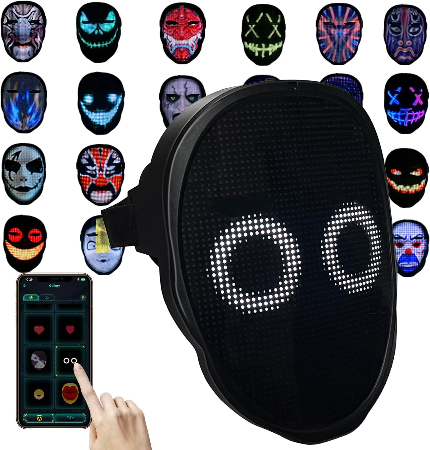 Highlights the core visual appeal, brightness, and the mask’s main function as a light-up wearable.