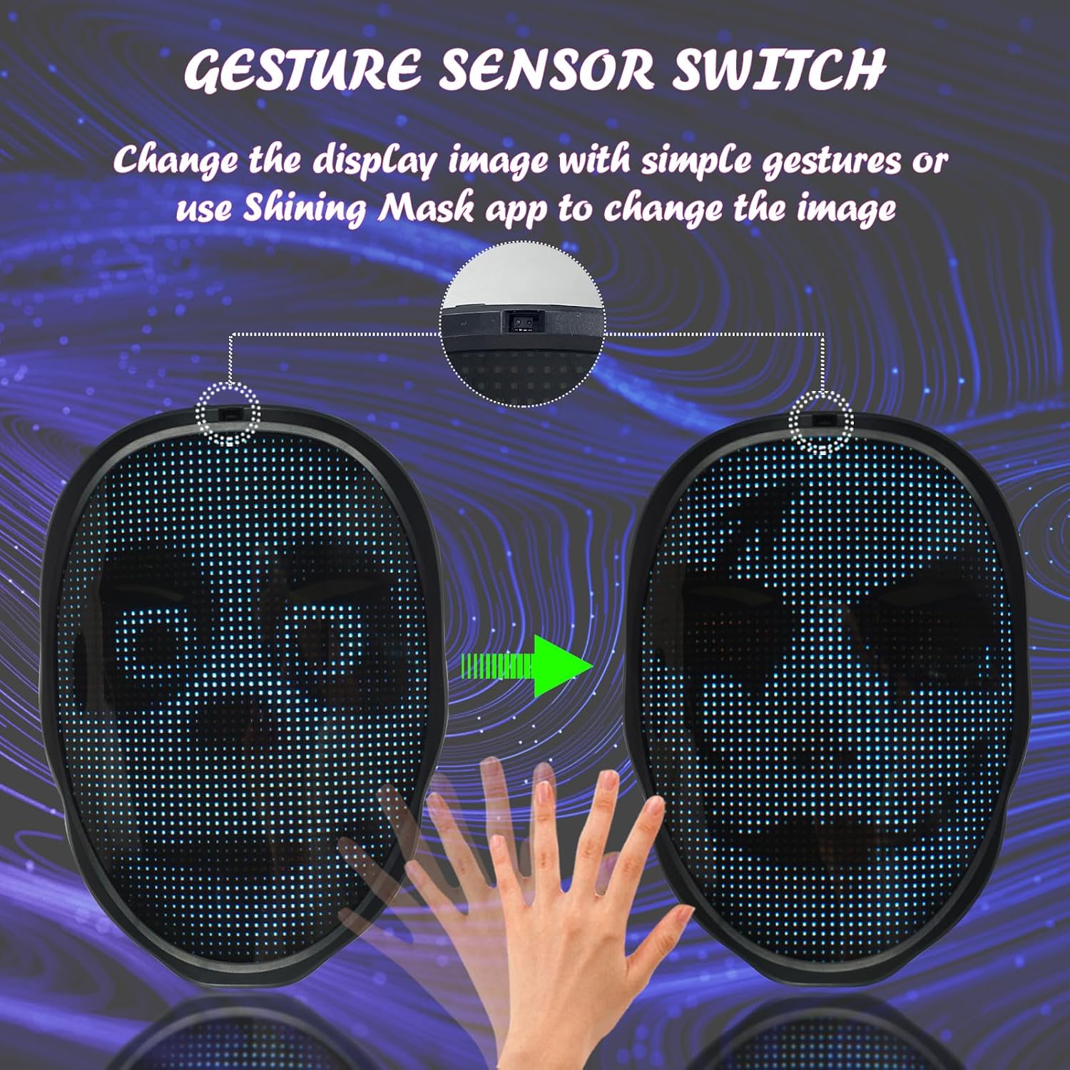Helps show the pixel-style LED layout, display clarity, and visual precision of the mask.