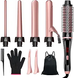 5 In 1 Curling Iron & Thermal Brush Set With 4 Interchangeable Ceramic Barrels (0.35”-1.25") Fast Heat Dual Voltage Travel Hair Tools Birthday Gift For Women - Hair Curler Wand Kit For Curls & Blowout