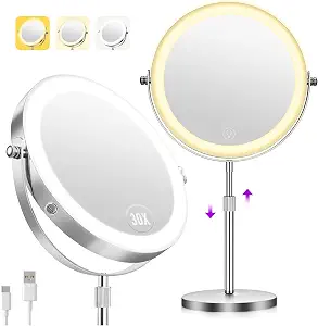 30X Makeup Mirror With Lights, Brightness Adjustable With 3 Colors, Double Sided Magnifying Mirror With 360° Rotation, Lighted Makeup Mirror With Magnification, Ideal Gift For Women -Nickel