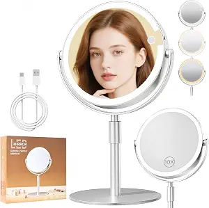 Frano Makeup Mirror With Lights, Lightweight 8" Double-Sided Magnifying Vanity Mirror 1X/10X, Rechargeable, Adjustable Brightness With 3 Colors, Gift For Mom,Women, Wife, Girls, Dorm Room Essential
