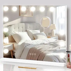 Vanity Mirror With Lights Lighted Makeup Mirror With 15 Dimmable LED Bulbs, 3 Color Lighting Modes, USB Charging Port Touch Control, Sturdy Metal Frame Design 22.8X18 Inch, White