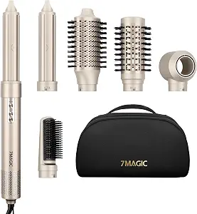 7Magic 6-In-1 Hair Dryer Brush, Hot Air Styler With Auto-Wrap Curlers Gold