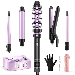 5 In 1 Curling Iron, Curling Wand Set With Thermal Brush, Flat Iron Hair Straightener, 3 Ceramic Irons (0.35"-1"), 13 Adjustable Temps, Hair Curler Waver With Heat Resistant Mat, Glove, Clip