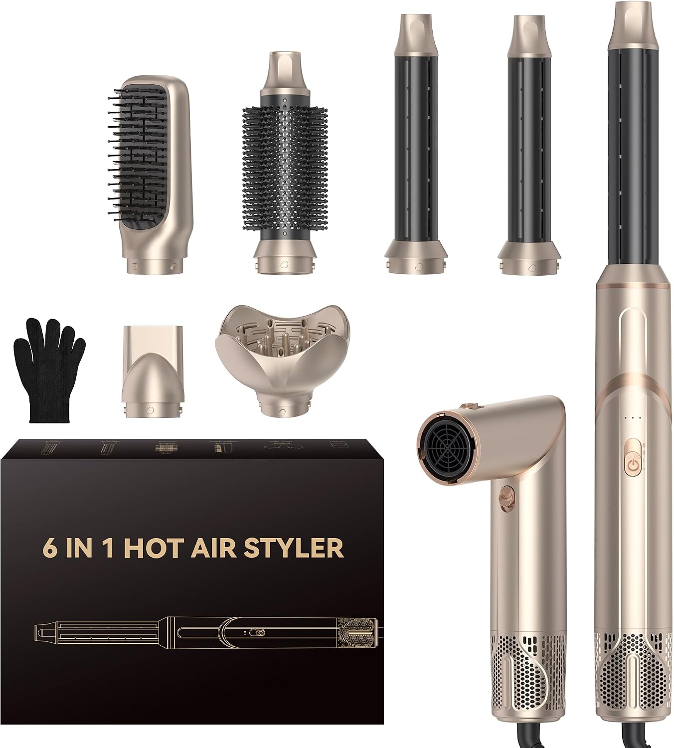 Overall form factor, attachment variety, and the foldable design, helping shoppers understand that this is a 6-in-1 styling tool rather than a single-purpose dryer.